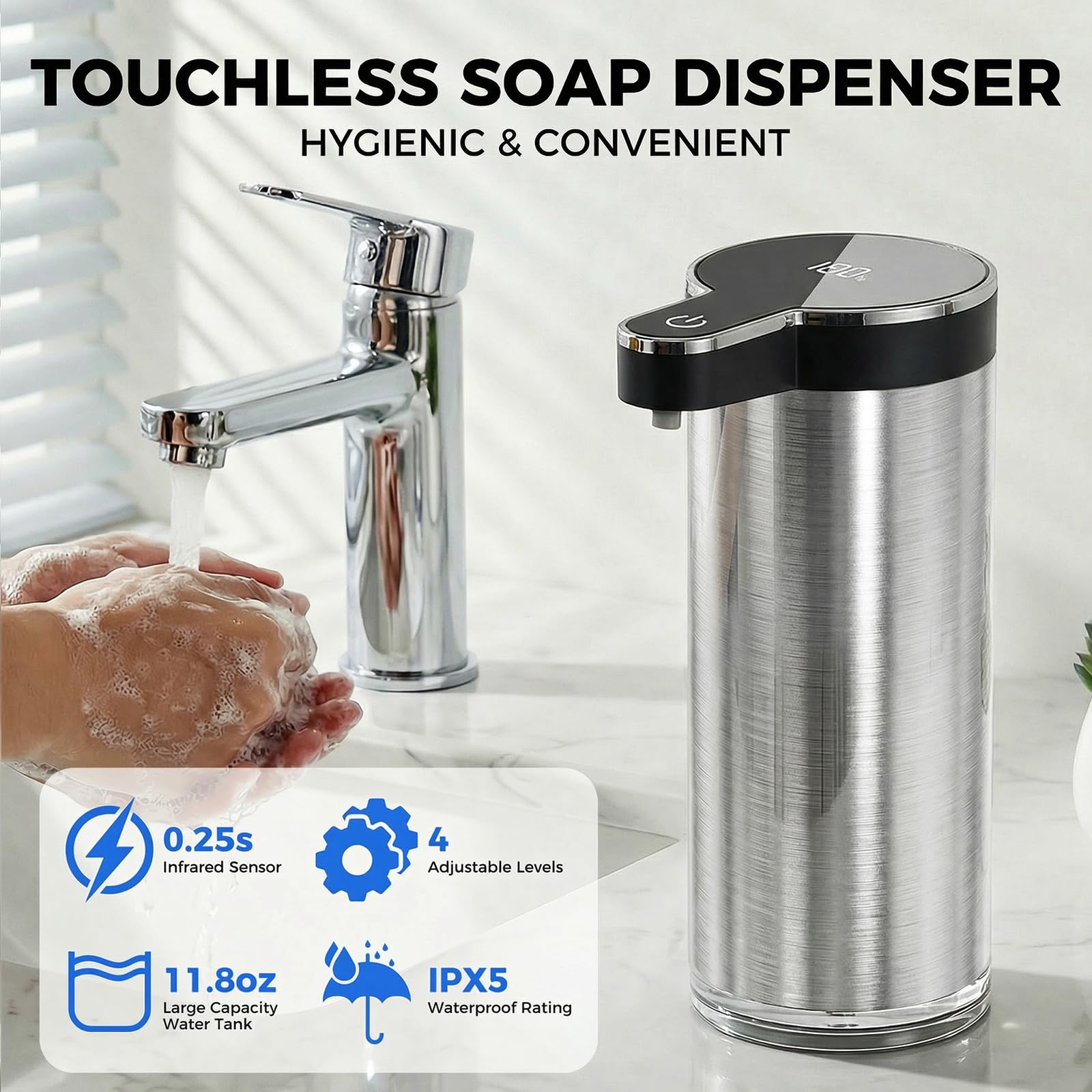 Poaoed stainless steel brushed housing demonstrates durable, easy-clean styling around sinks.