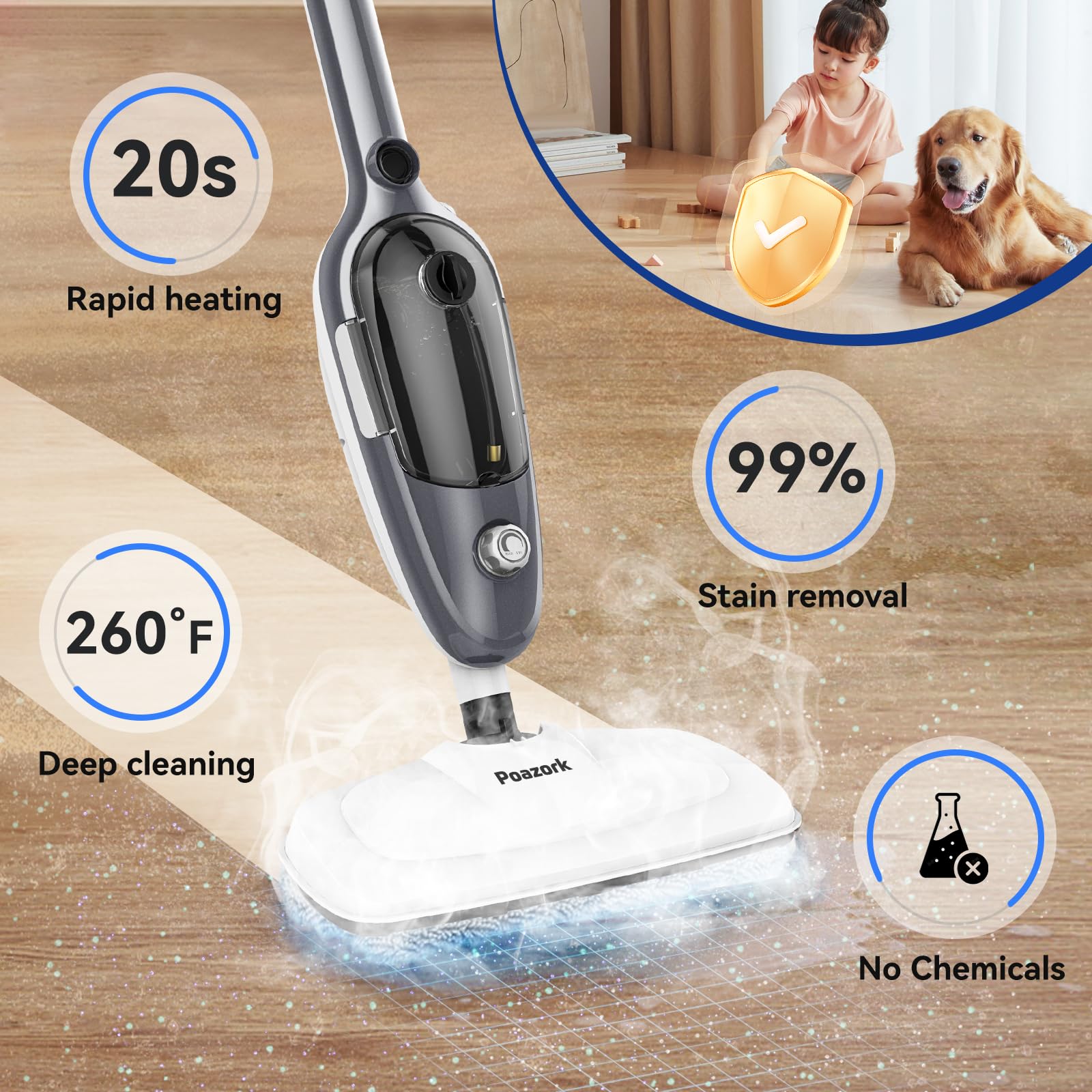Poazork 260°F high-heat steam tackles tough stains on tiles.