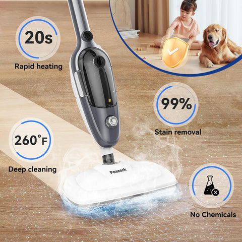 Poazork 260°F high-heat steam tackles tough stains on tiles.