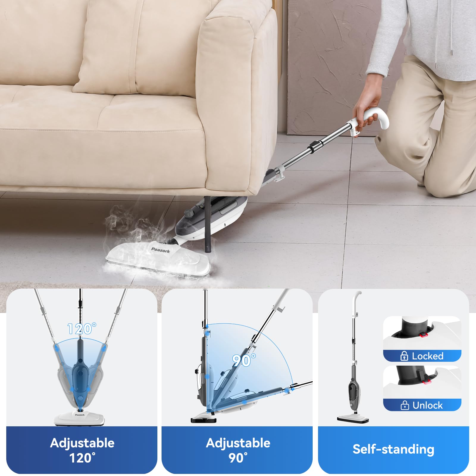 Poazork removable 450ml water tank supports longer cleaning sessions.