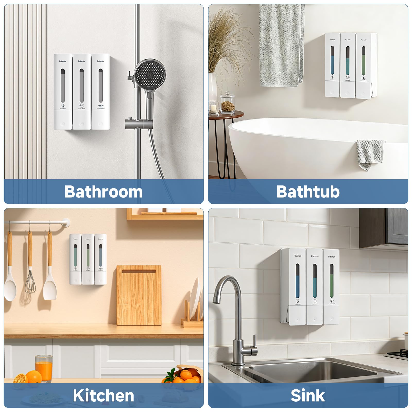 POBAMLE body wash dispenser 3-chamber keeps liquids separate and accessible