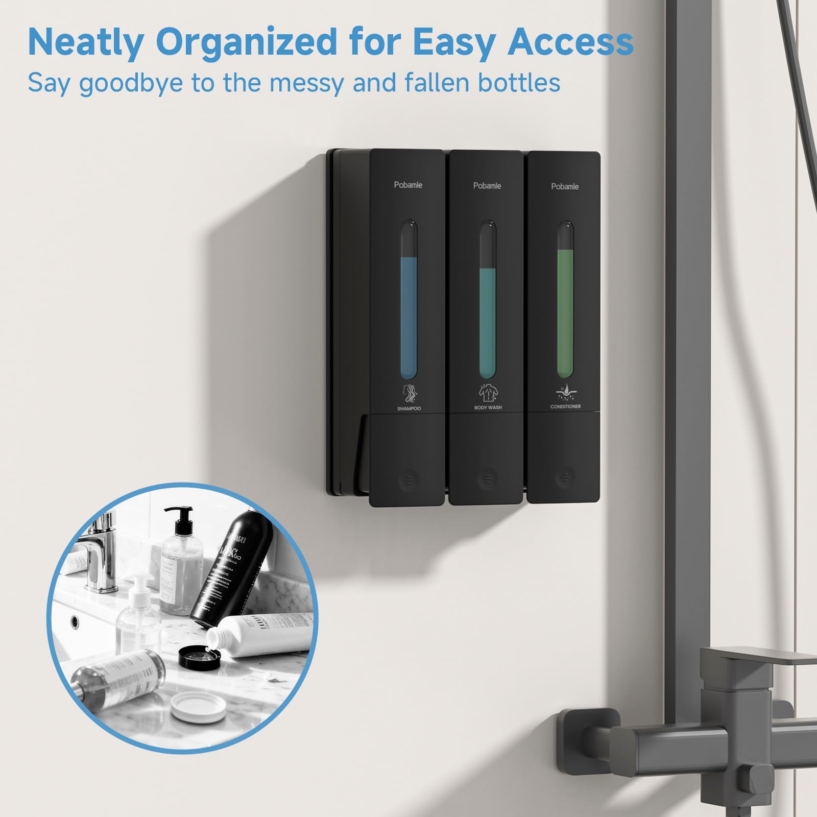 POBAMLE conditioner dispenser wall-mounted, front view, easy reach