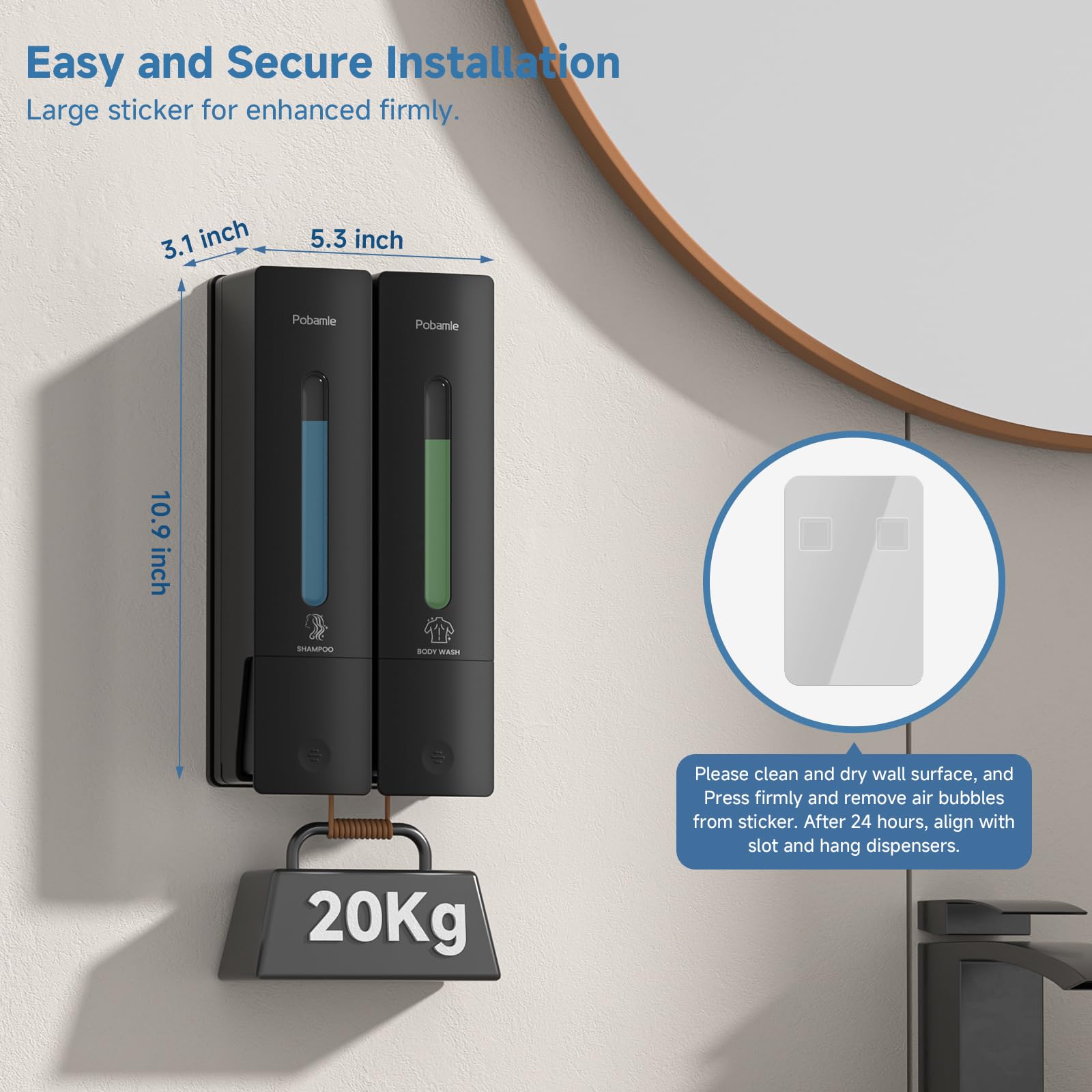 POBAMLE durable ABS plastic resists moisture and daily shower use.