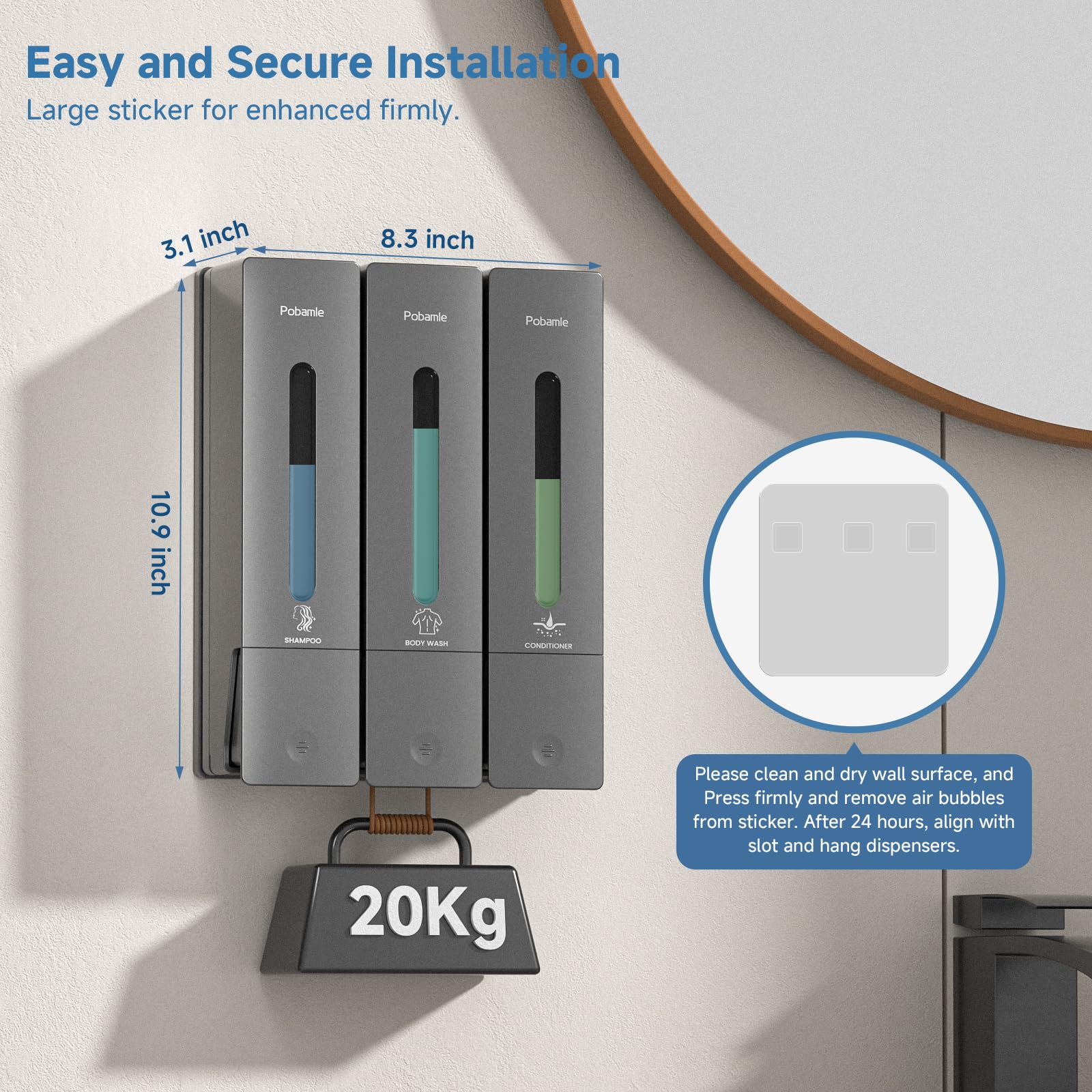 POBAMLE no-drill adhesive install on smooth bathroom surface