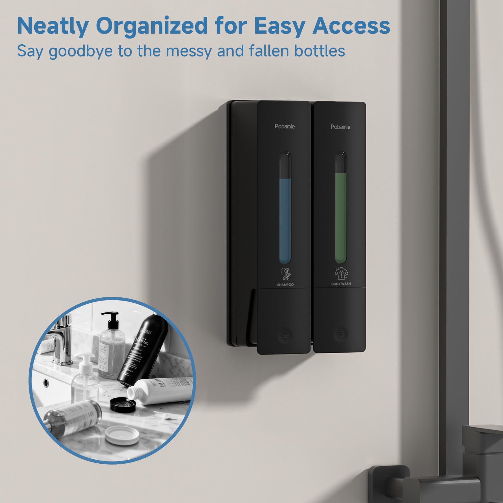 POBAMLE wall-mounted no-drill dispenser enables quick, renter-friendly setup.
