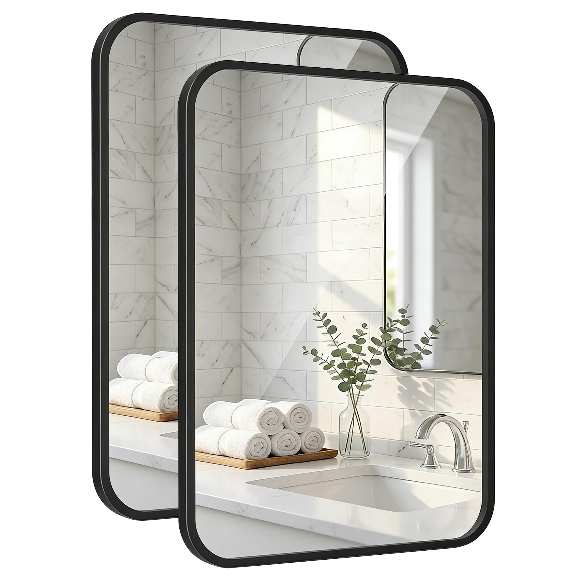 Pocetry two-pack matte black bathroom mirrors front view, ideal for double vanities