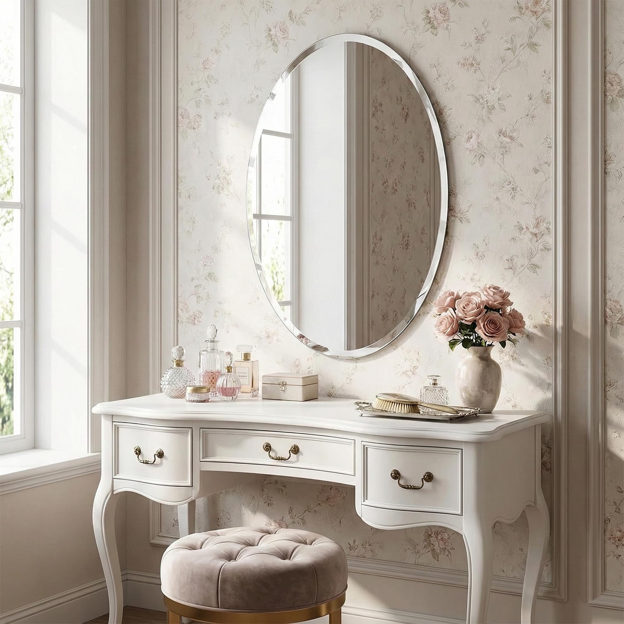 Pocetry bevel-edged oval mirror close-up adds refined light-catching detail to vanities.