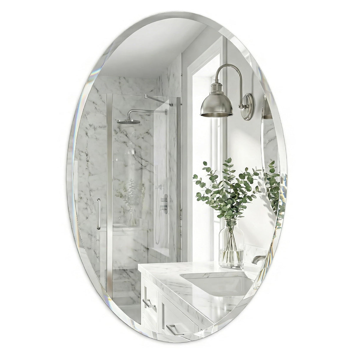 Pocetry 20x28 frameless oval mirror, front view, enhances small bathrooms with bright, airy feel.