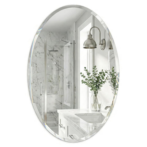 Pocetry 20x28 frameless oval mirror, front view, enhances small bathrooms with bright, airy feel.