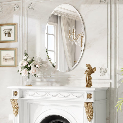 Pocetry oval mirror keeps reflections crisp above sinks and vanities.