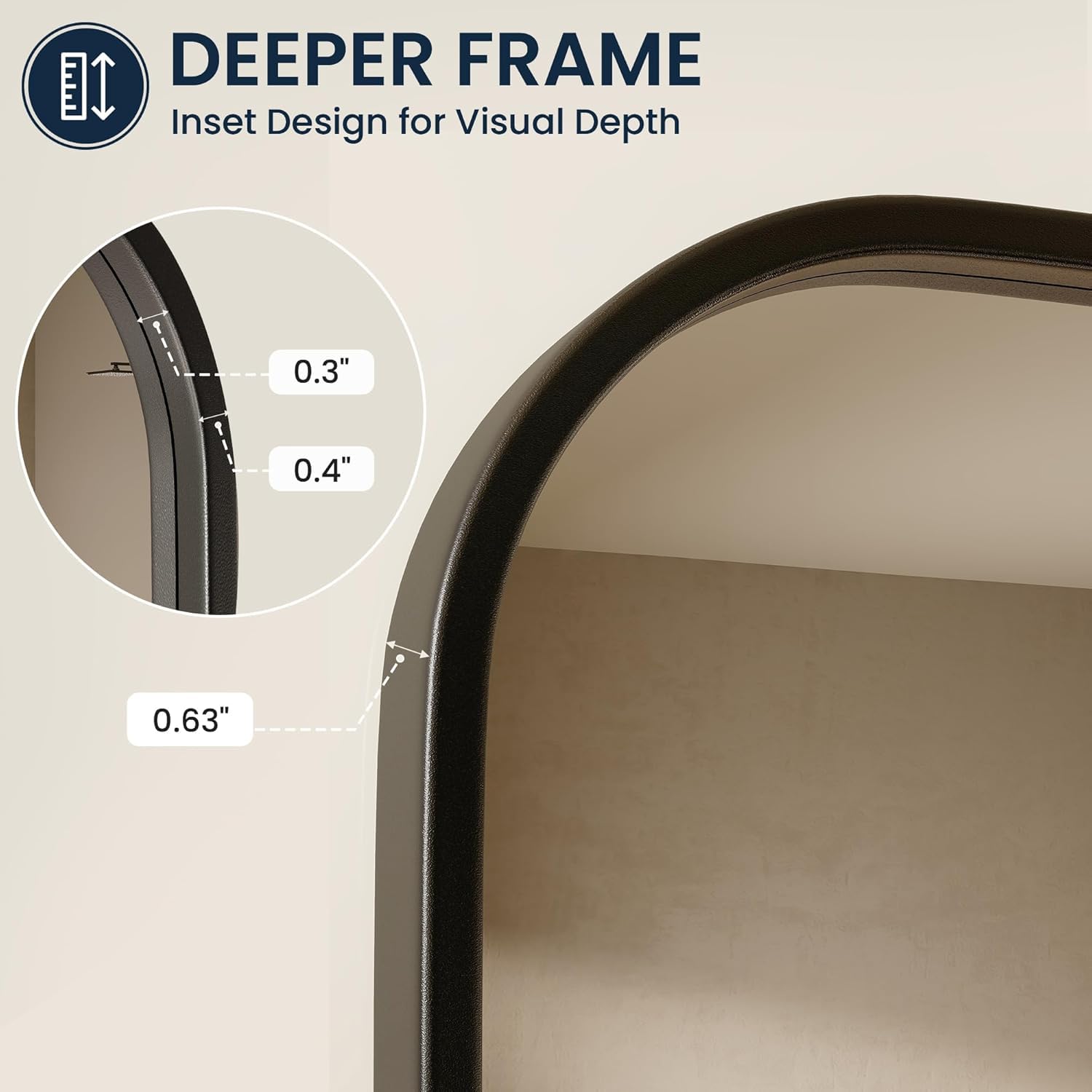 Pocetry matte-black frame detail emphasizing rounded corners and modern farmhouse style.