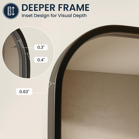 Pocetry matte-black frame detail emphasizing rounded corners and modern farmhouse style.
