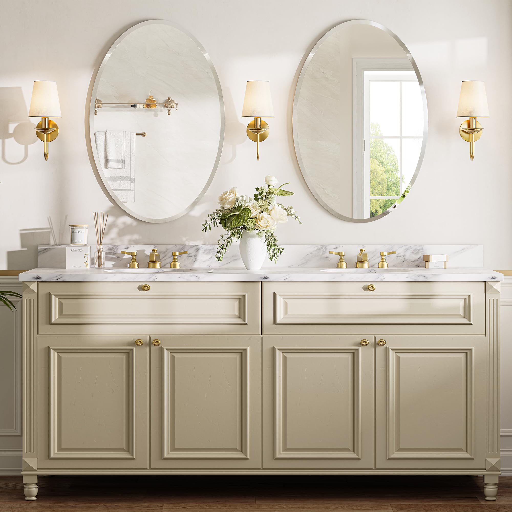 Pocetry wall mirror pairs well with chrome or matte fixtures.