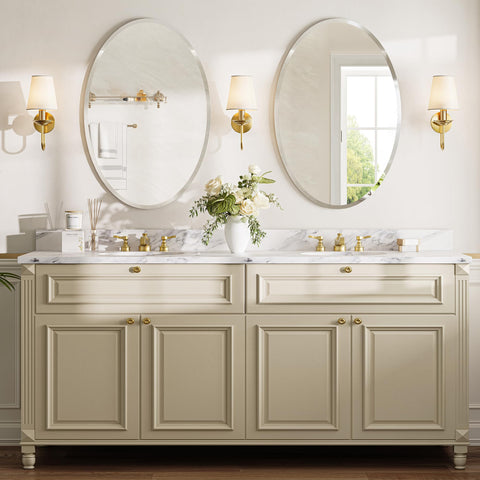 Pocetry wall mirror pairs well with chrome or matte fixtures.