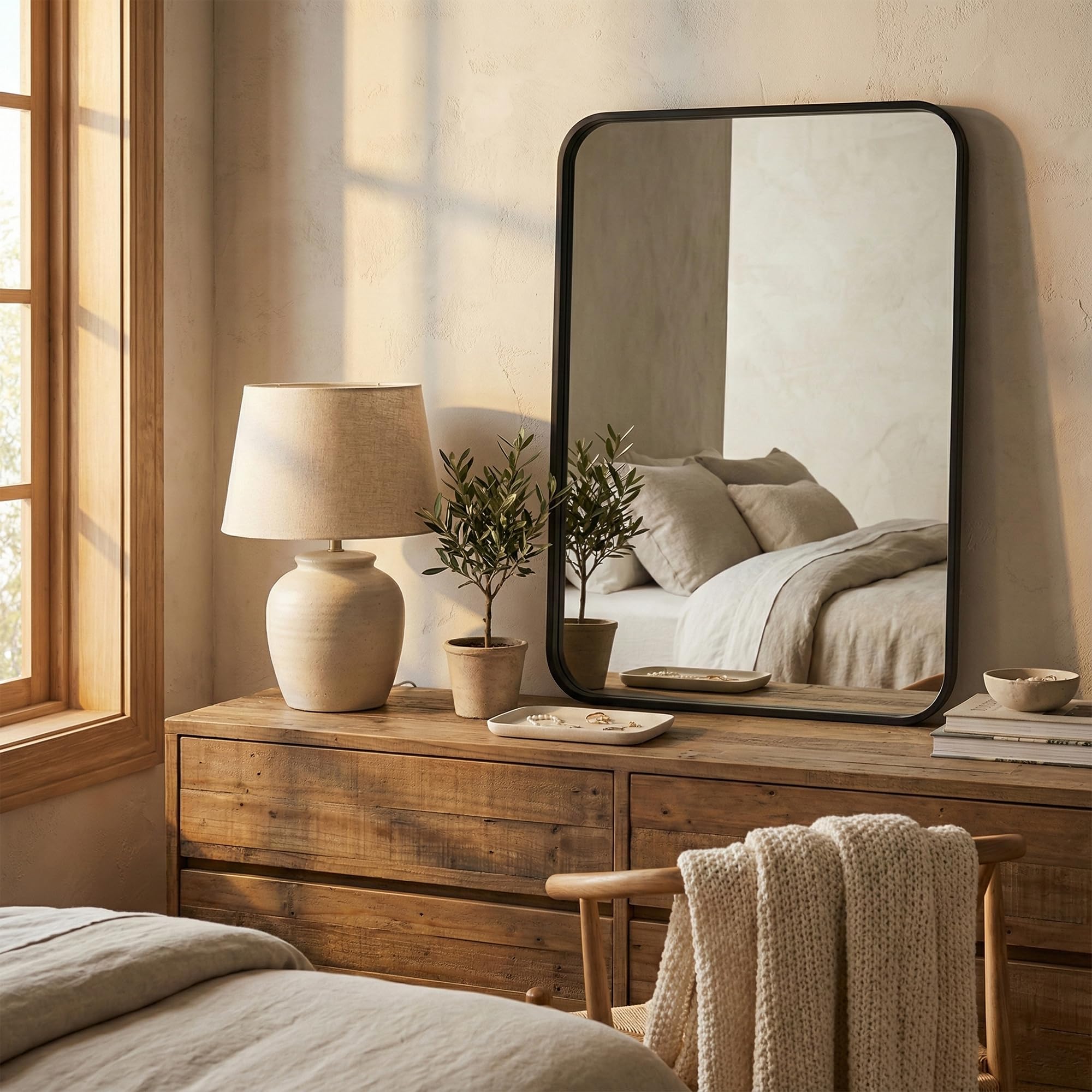 Pocetry modern round-corner mirror complements entryways and living spaces as decor.
