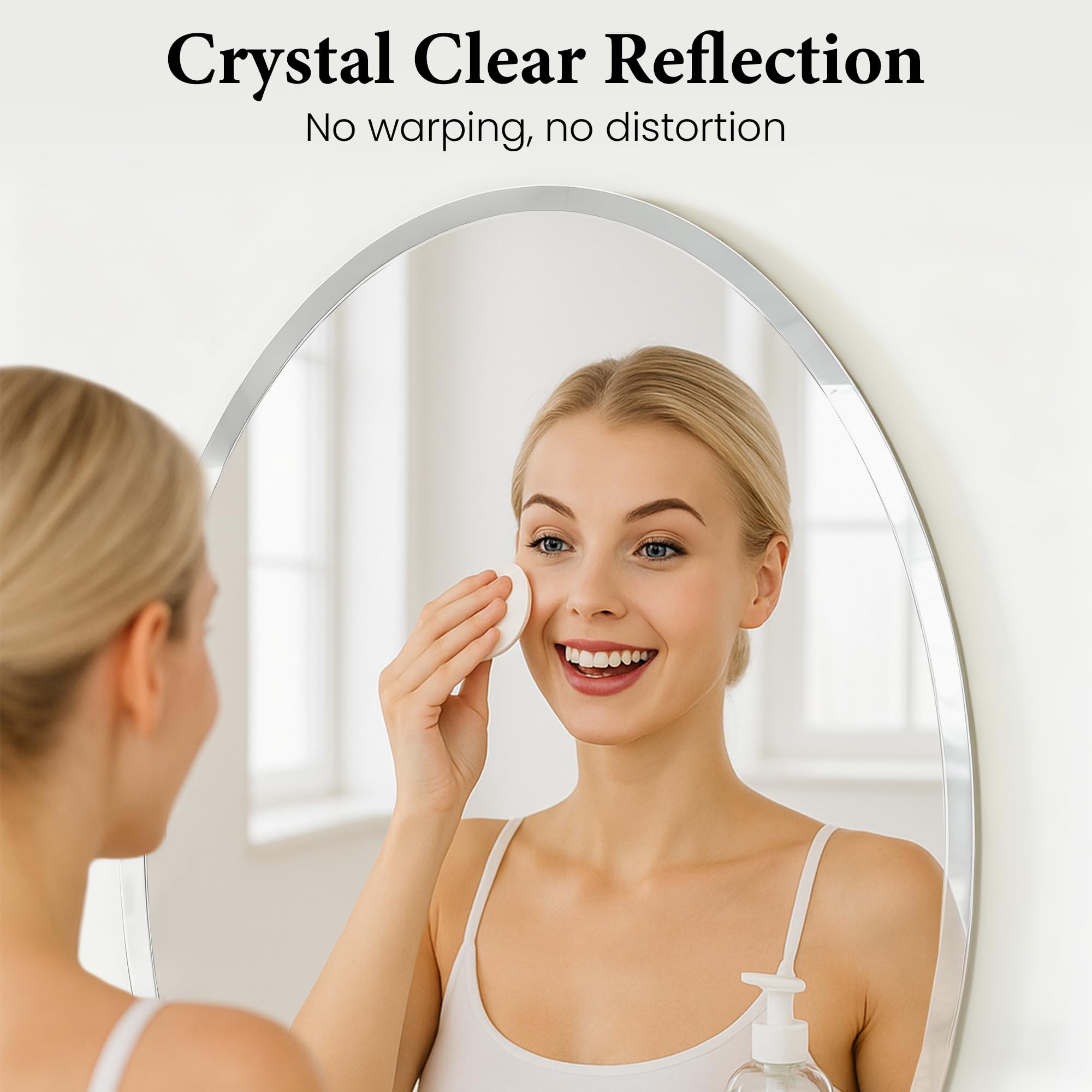 Pocetry solid-back mirror provides durable support for humid bathrooms.