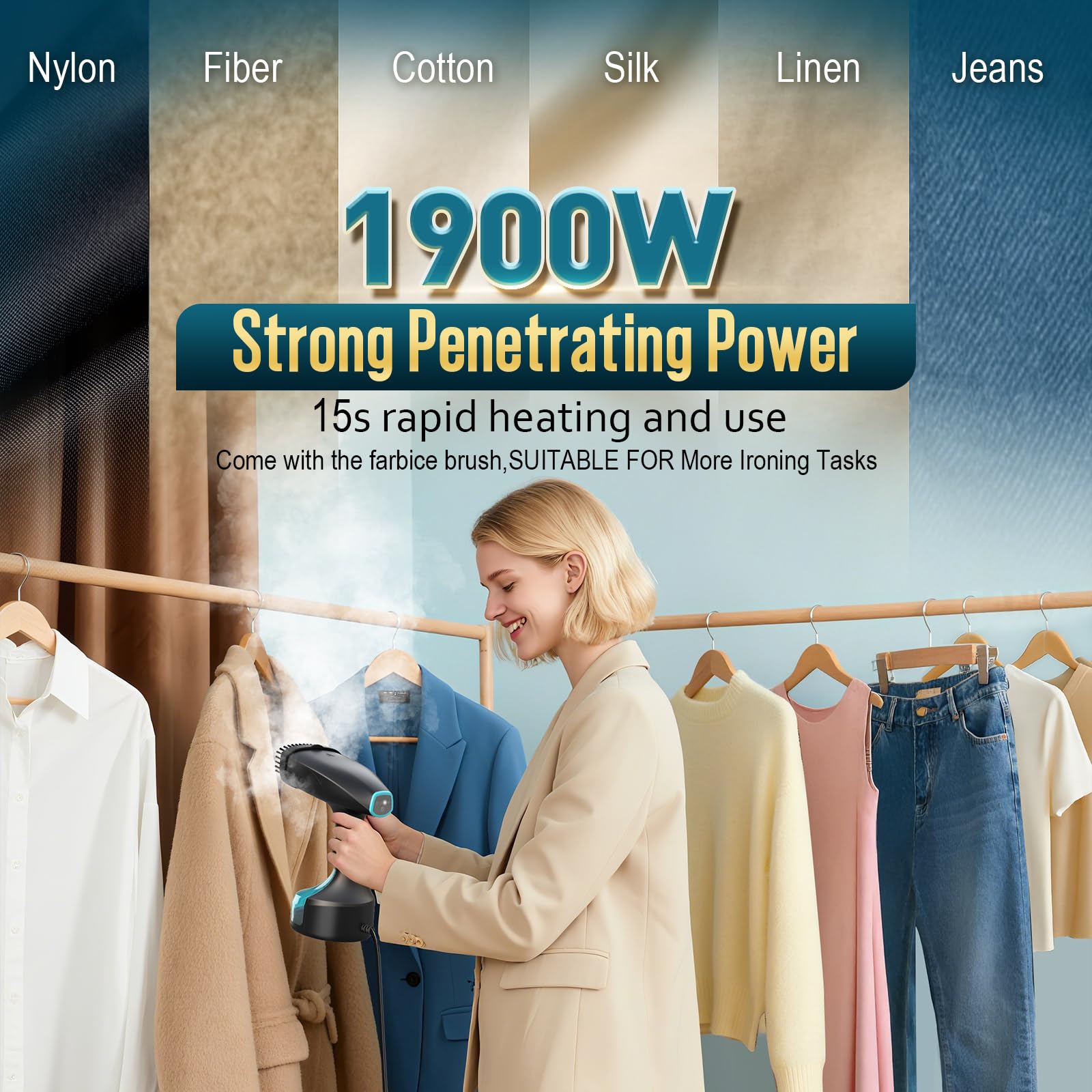 Pocleanish steamer fabric-brush aids lint removal for a polished look.