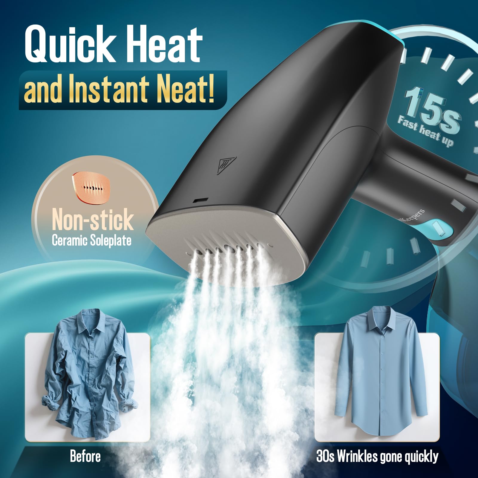 Pocleanish steamer quick-heat-15s enables rapid warm-up for on-the-spot refresh.