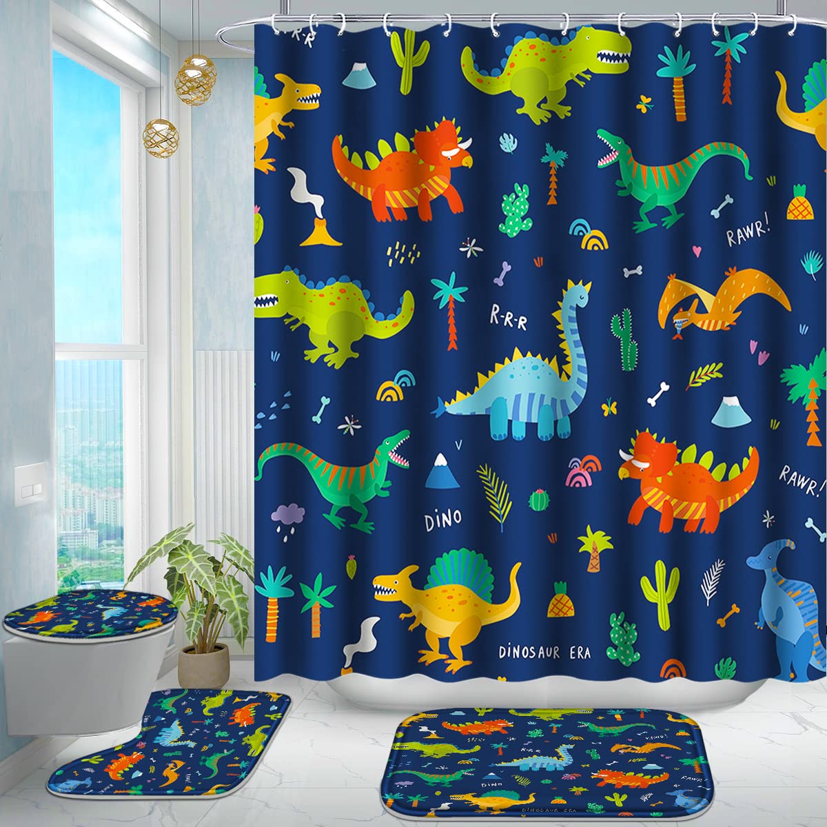 Poedist dinosaur shower curtain with rust-proof grommets for easy hanging.