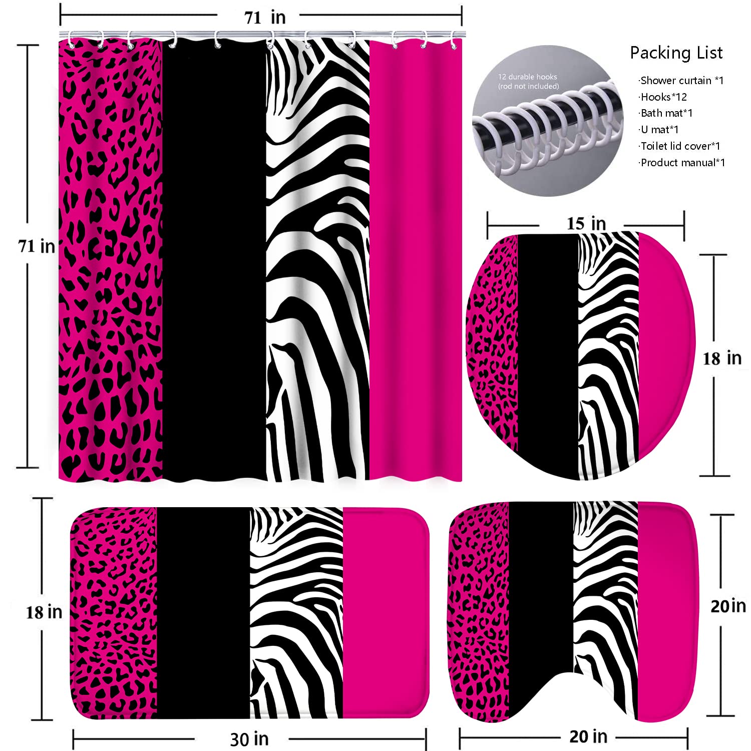 Poedist Rosy Leopard shower curtain set on display as a complete bath ensemble.