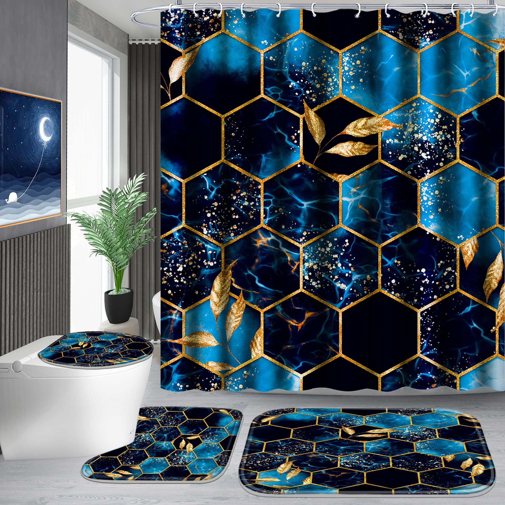 Poedist shower curtain with sky blue honeycomb marble pattern offers stylish water protection