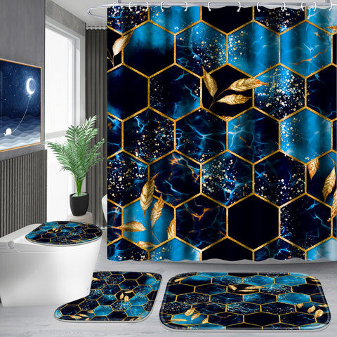 Poedist shower curtain with sky blue honeycomb marble pattern offers stylish water protection