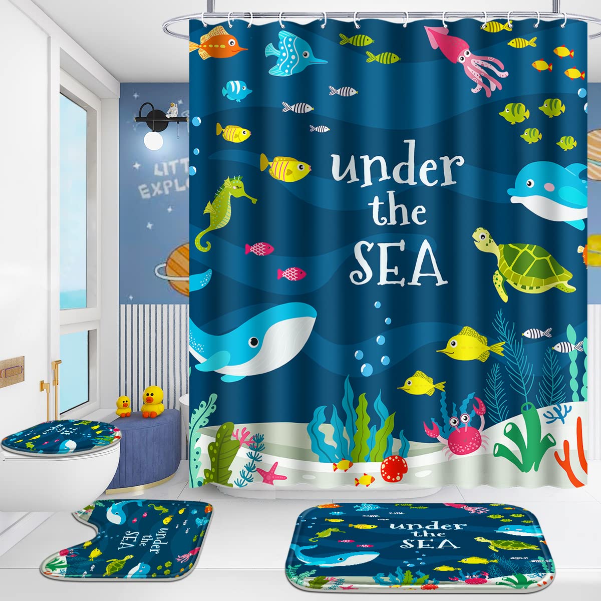 Poedist Under The Sea shower curtain with fade-resistant ocean design for a playful bathroom.