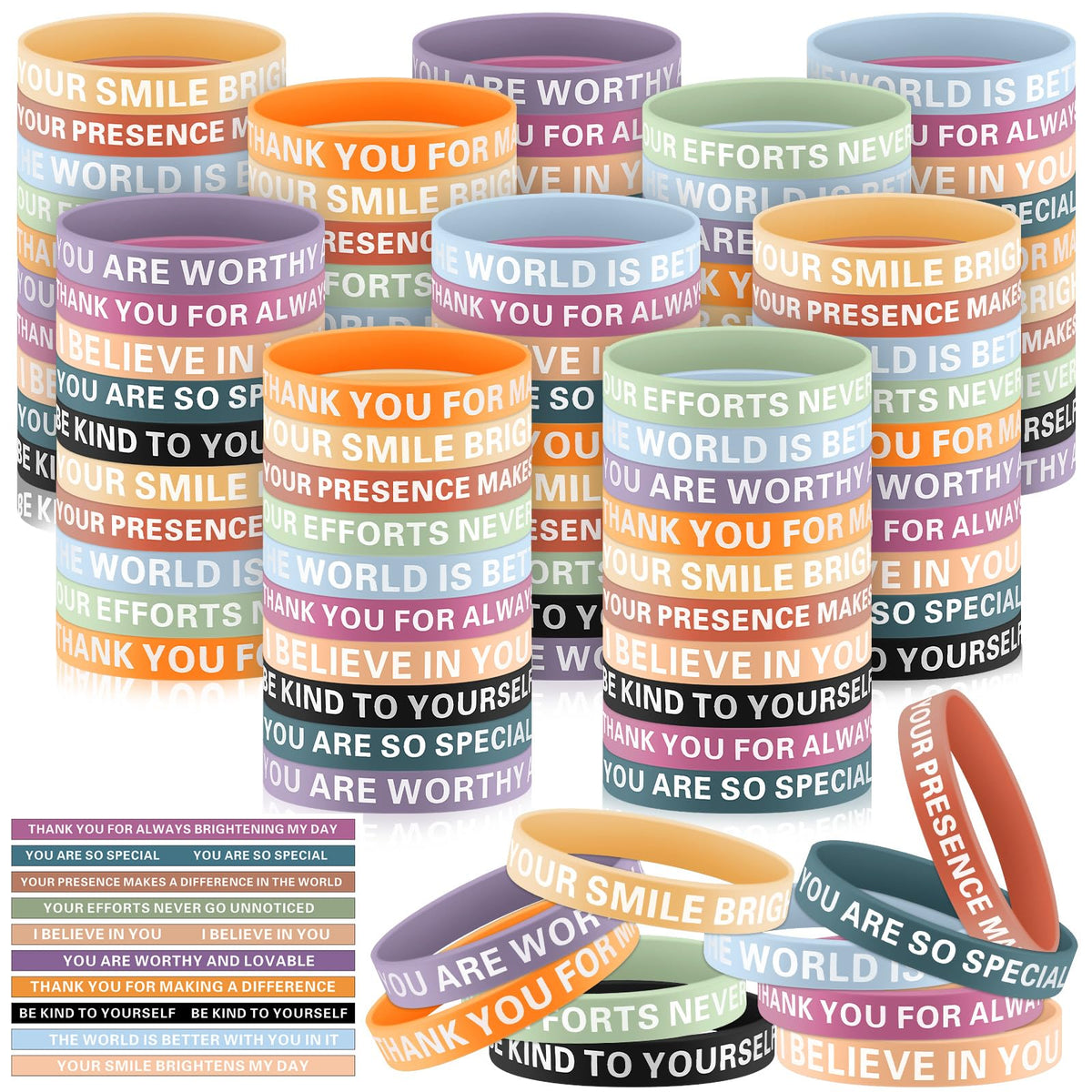 Poen affirmations bracelets in varied colors for daily motivation.