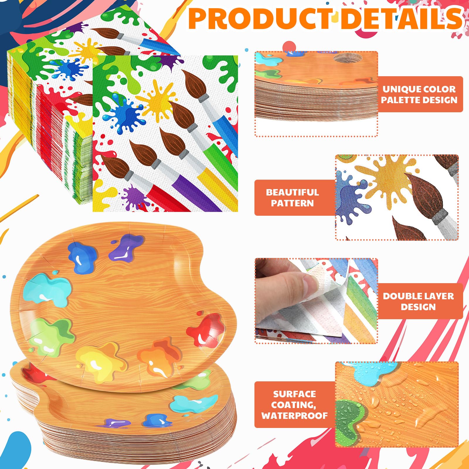 Poen art birthday plates feature water-resistant surfaces for easy cleanup.