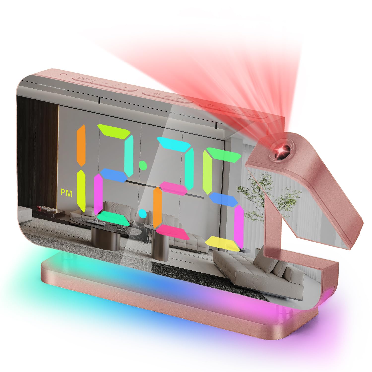 Poeroa projector clock in rose gold, front view for easy bedside time checks.