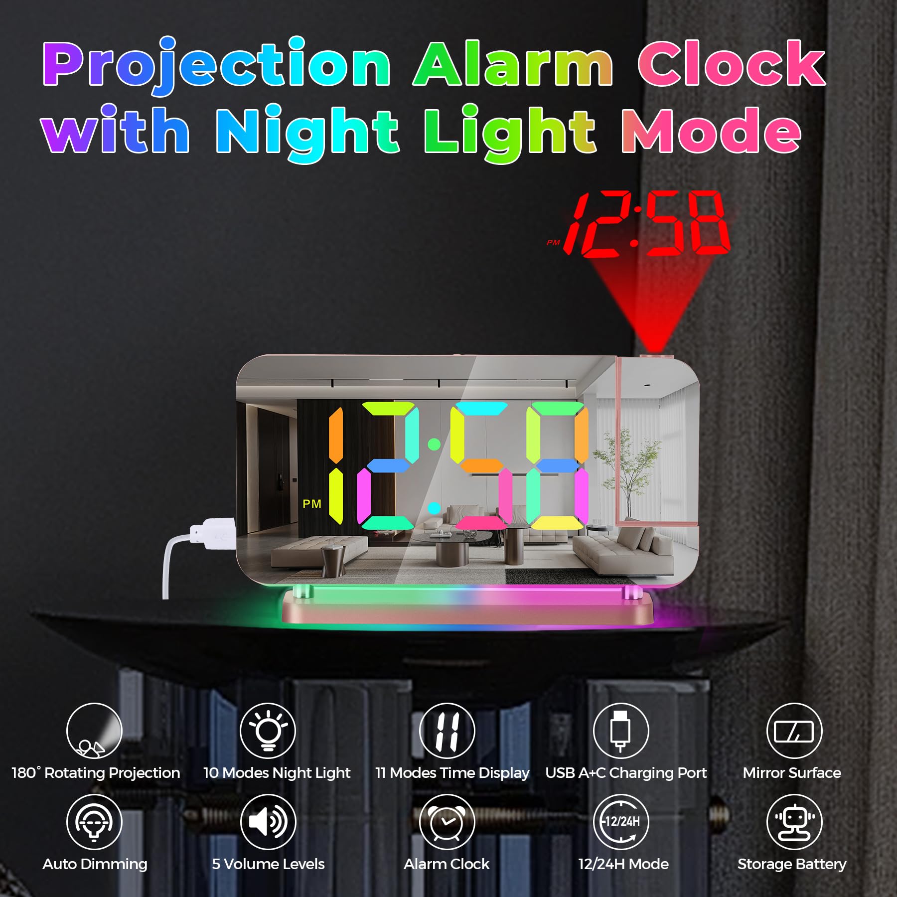 Dual USB ports on Poeroa projector clock for simultaneous device charging.