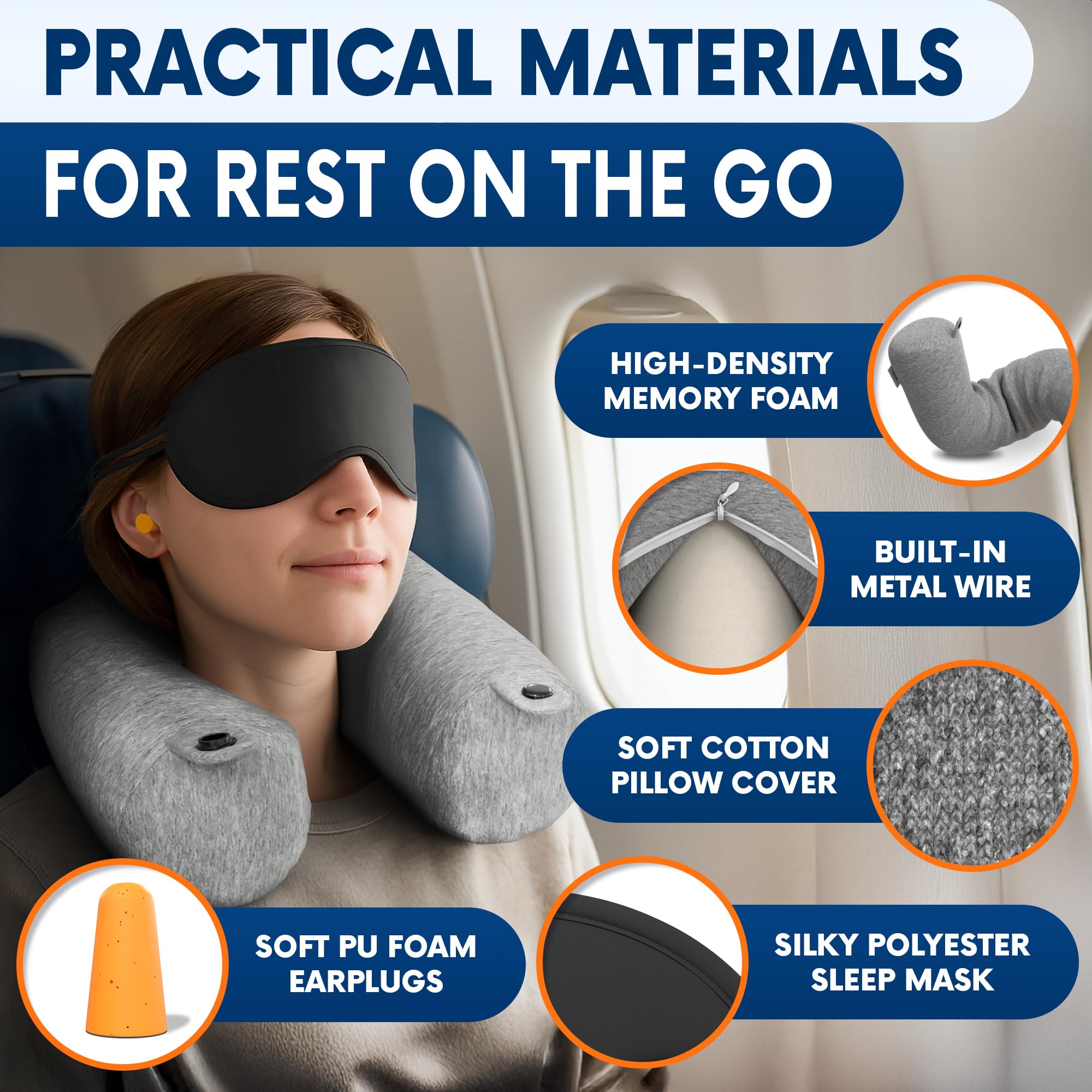 Point2Points memory foam neck pillow earplugs help reduce ambient noise for focused rest.