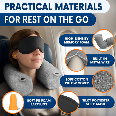 Point2Points memory foam neck pillow earplugs help reduce ambient noise for focused rest.
