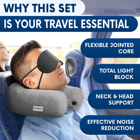 Point2Points memory foam neck pillow snap closure attaches to luggage for easy travel.