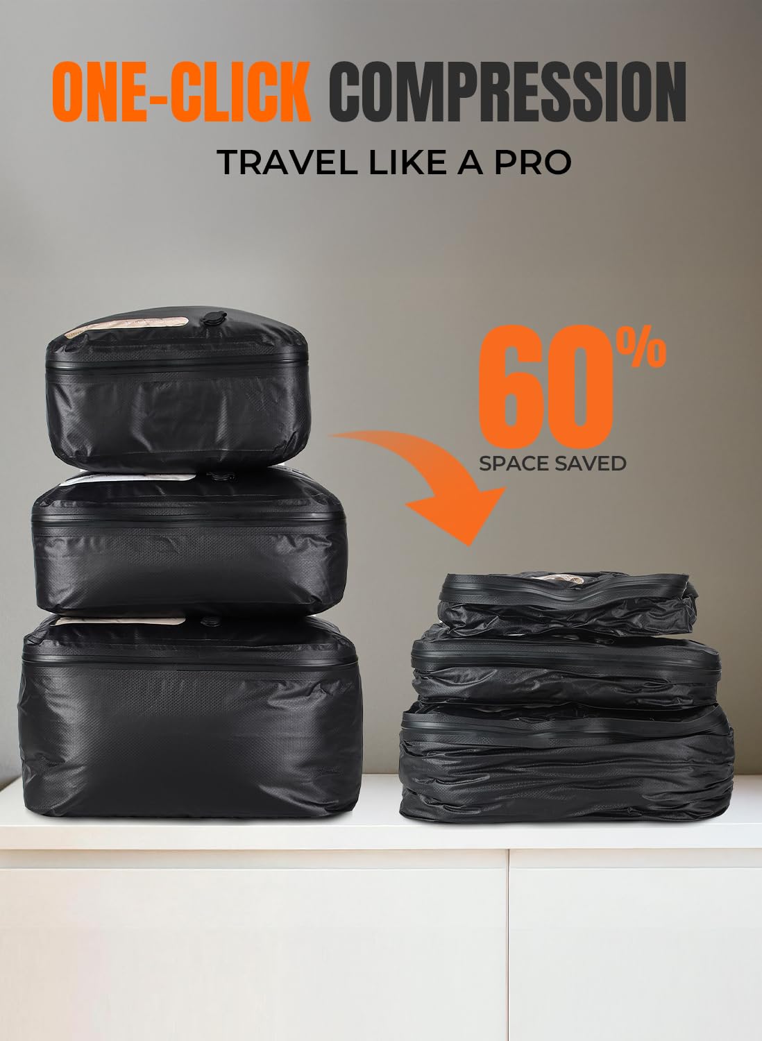 POIXM vacuum bags show three sizes for tote, carry-on, and storage