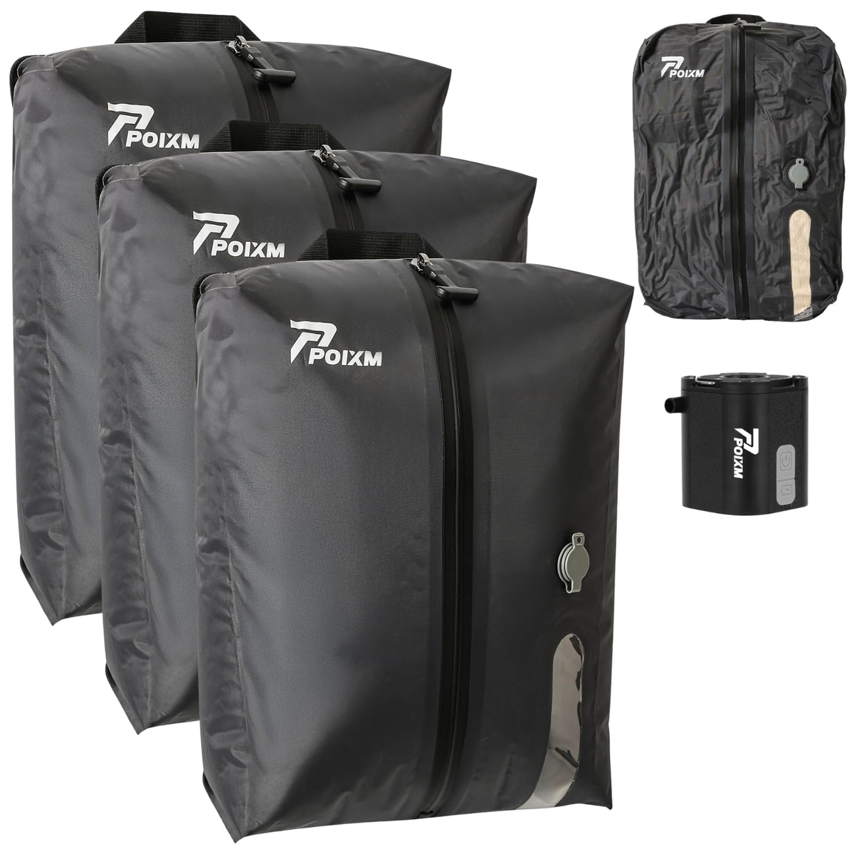 POIXM vacuum bags with travel pump demonstrate fast compression for easy packing.