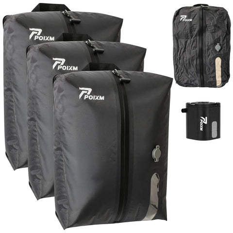 POIXM vacuum bags with travel pump demonstrate fast compression for easy packing.