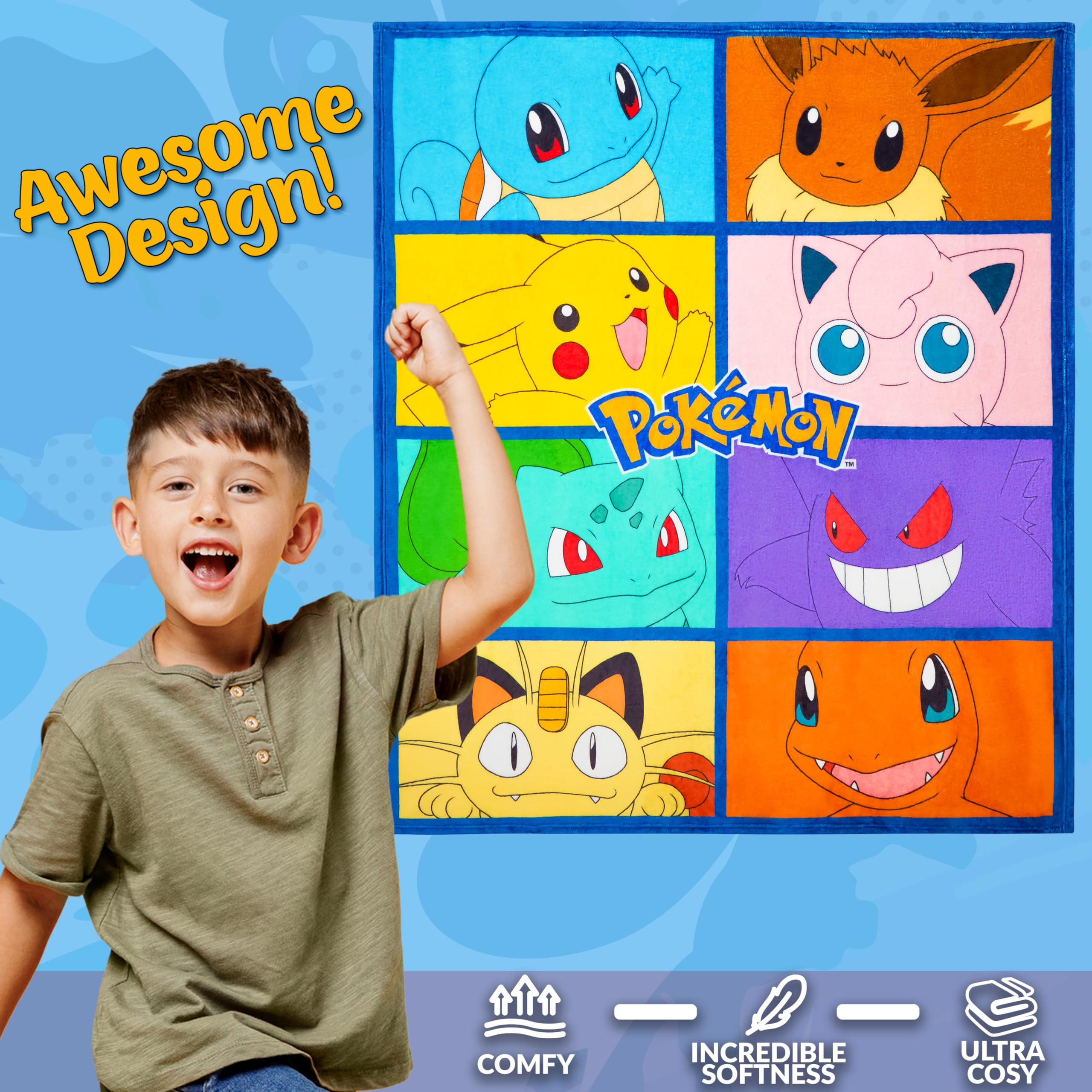 Pokemon blanket 51x59 inches size close-up — generous coverage for kids and teens.