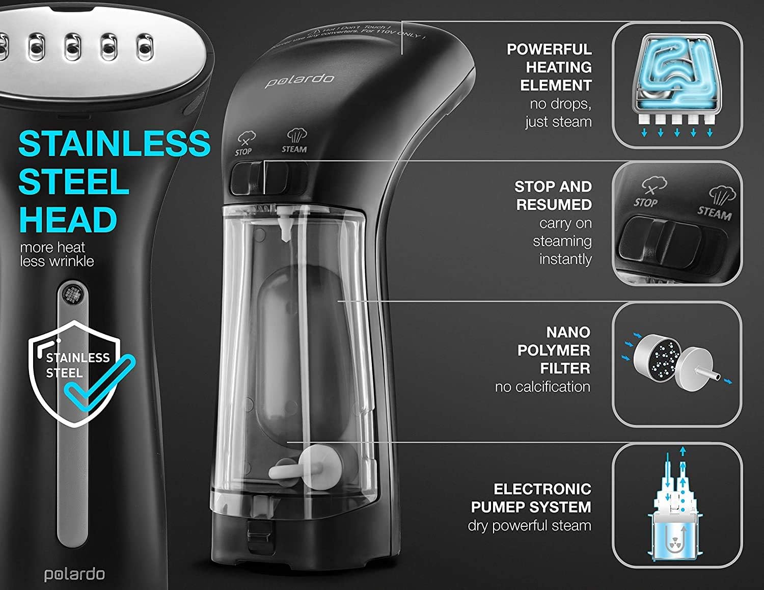 Polardo compact travel design supports on-the-go steaming without bulk.