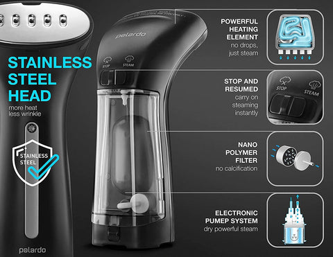 Polardo compact travel design supports on-the-go steaming without bulk.