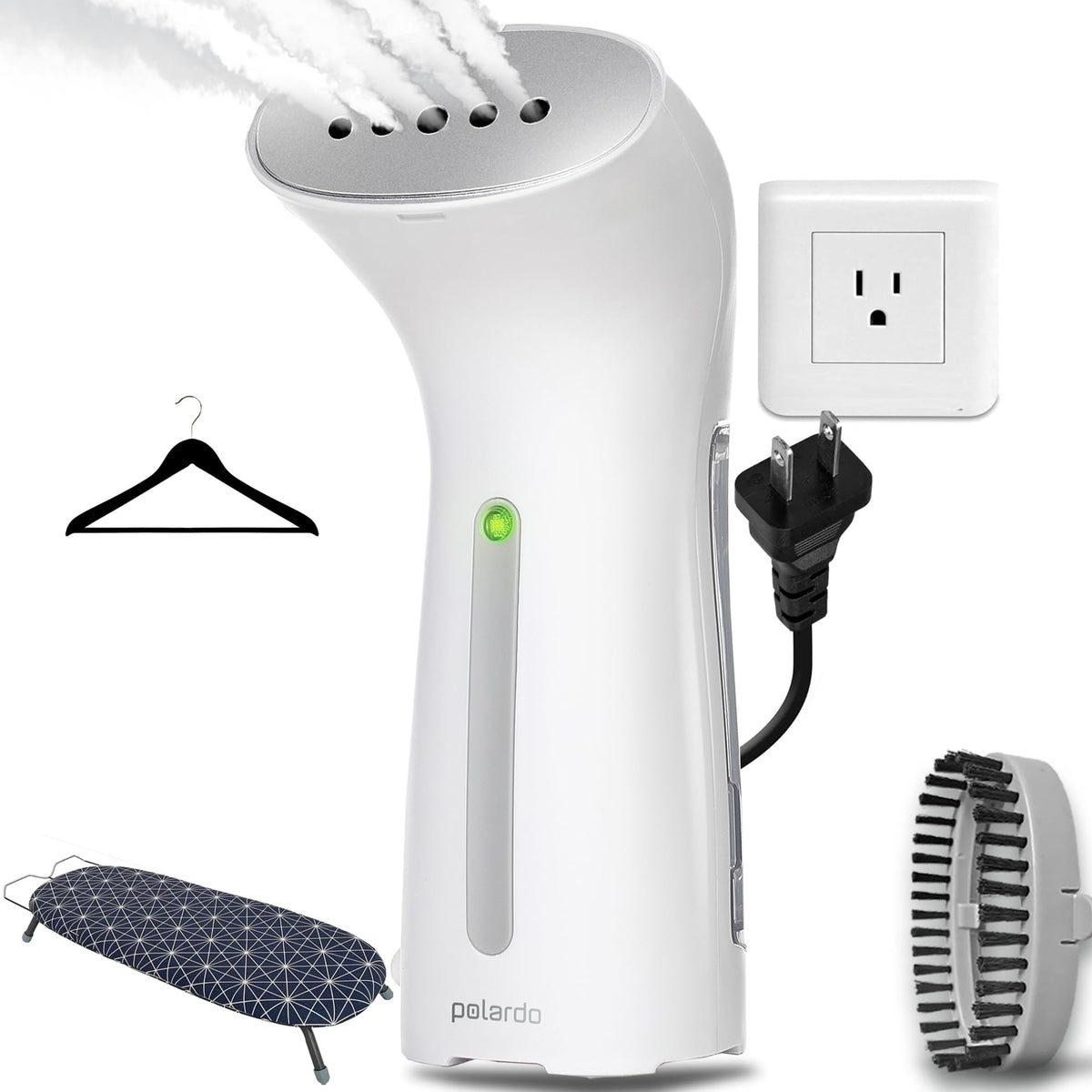 Polardo portable garment steamer front view, compact travel-ready design.