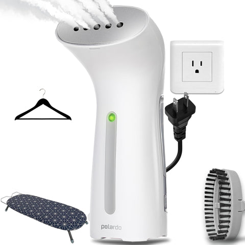 Polardo portable garment steamer front view, compact travel-ready design.