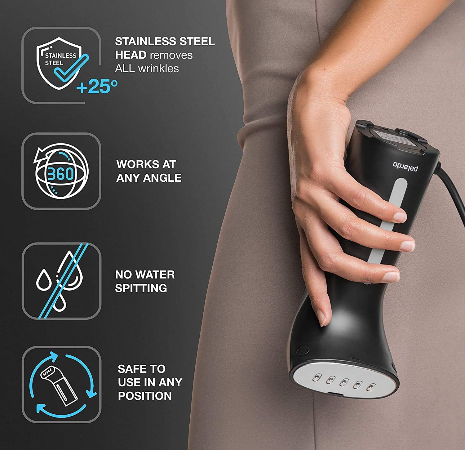 Polardo 900W heating system delivers rapid heat for fast wrinkle relief.