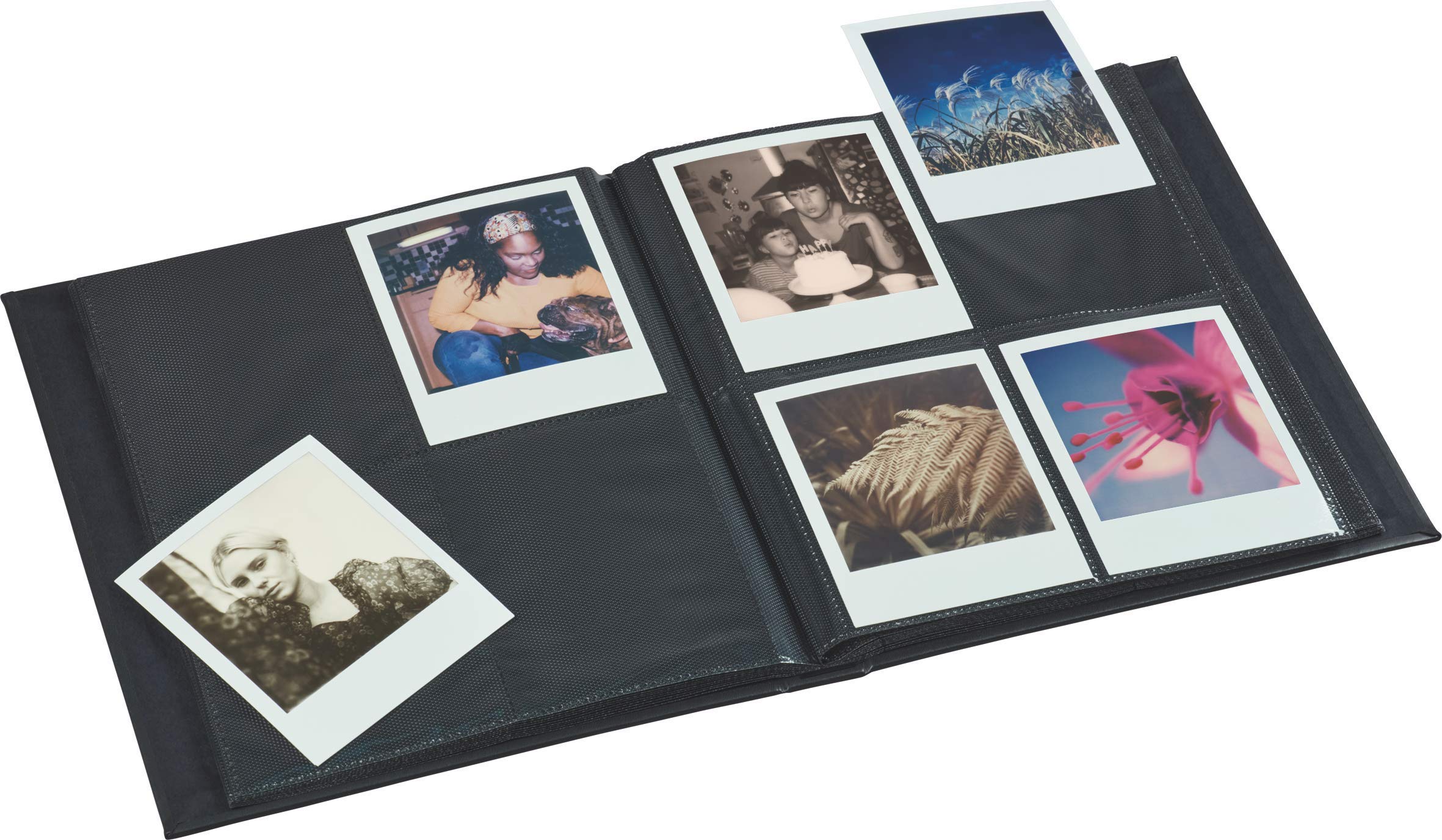 Inside pages show four pockets per page to organize classic Polaroids efficiently.