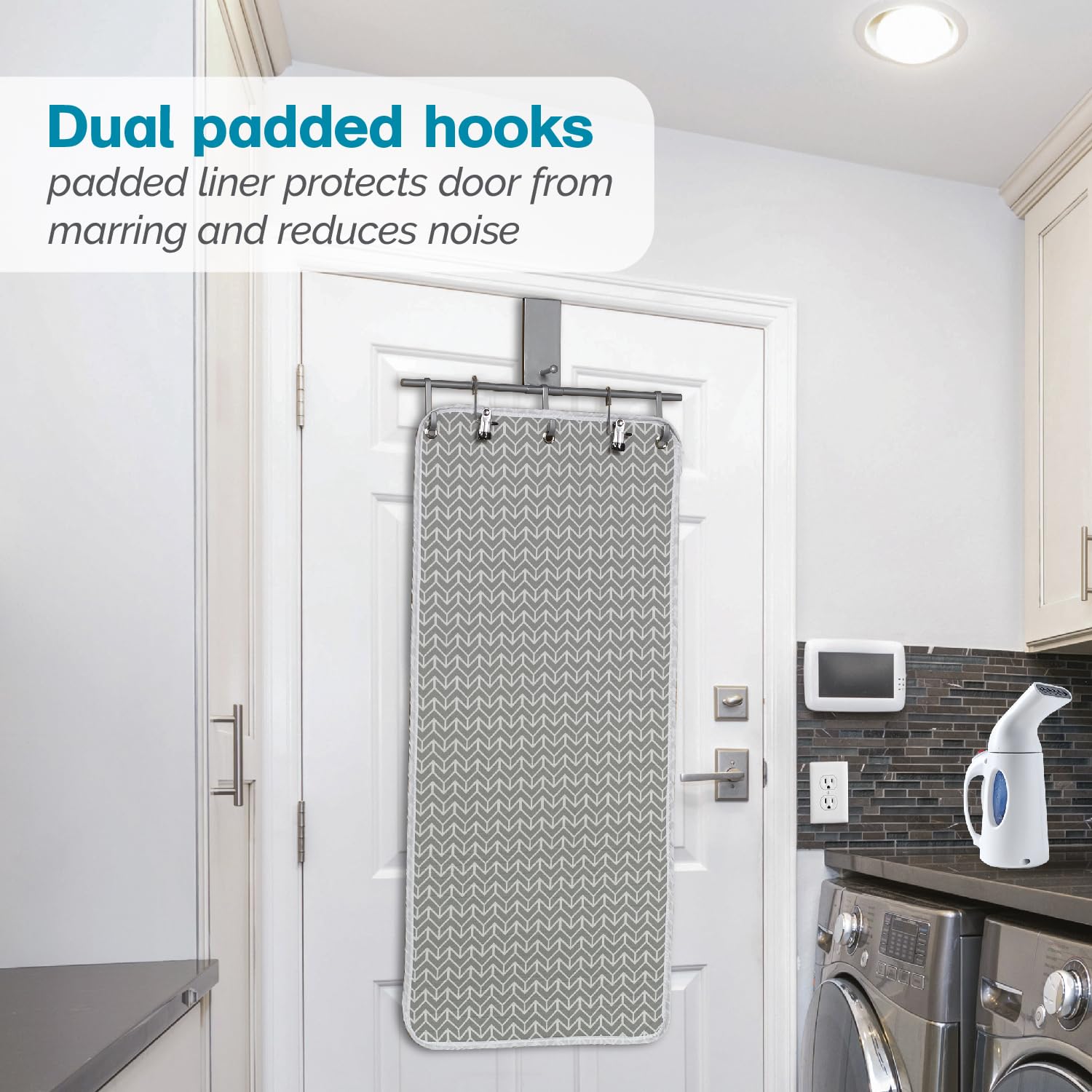 Polder Steaming Station hanging setup showing door mounting and integrated hooks.