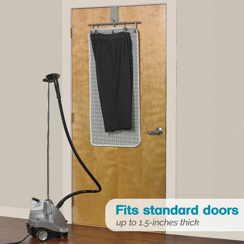 Polder door compatibility image showing fit for doors up to 1.5 inches thick.