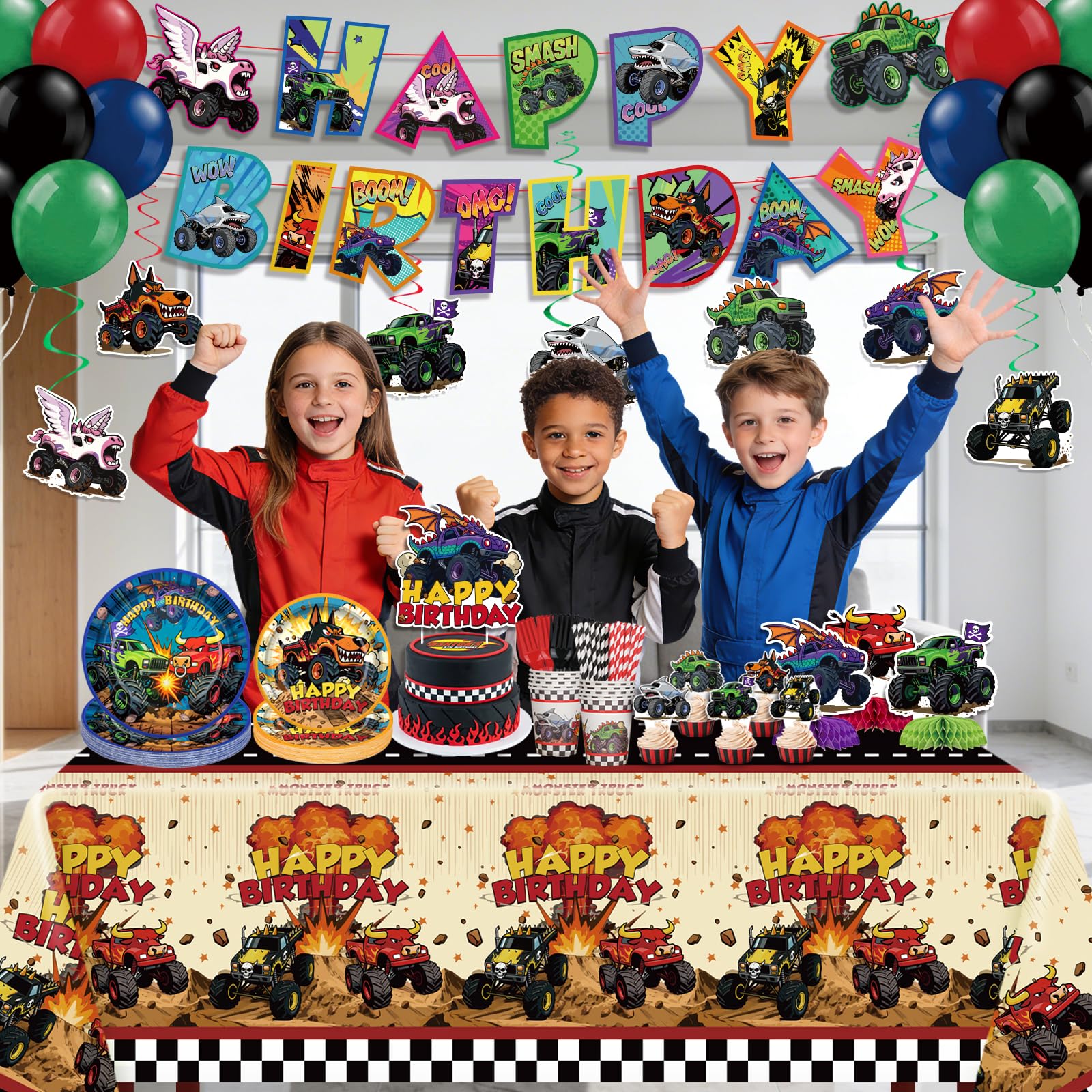 Polinook Monster Truck tablecloth keeps the table clean with waterproof protection.