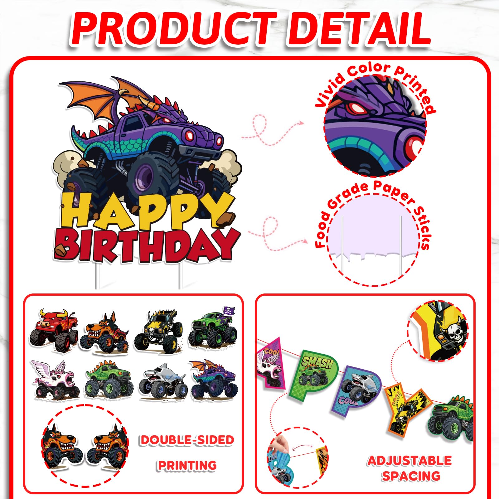 Polinook Monster Truck balloons provide colorful, durable decorations for indoor parties.