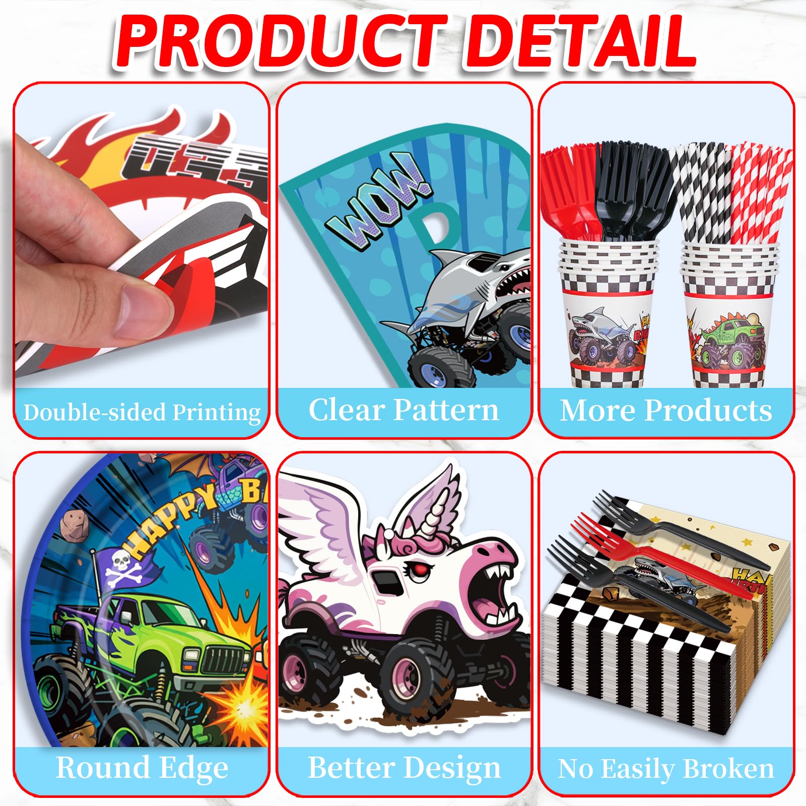 Polinook Monster Truck cupcake toppers finish desserts with matching graphics.