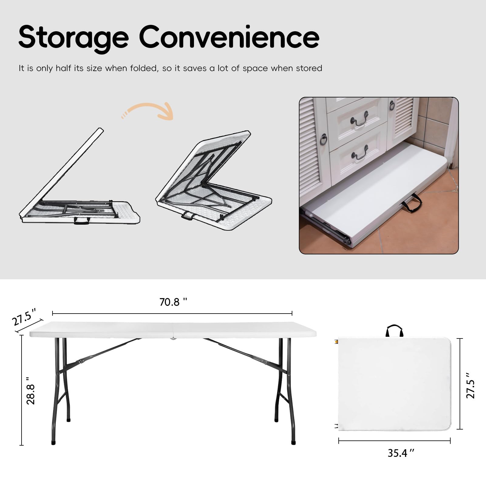Pollilar folding table folded-in-half design visible for compact storage